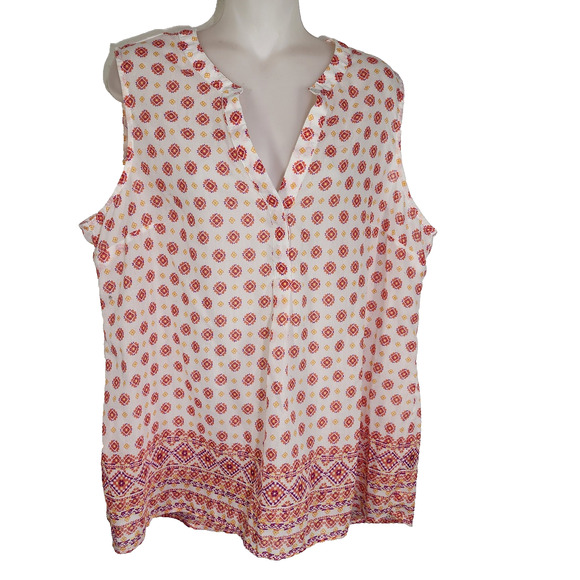 Relativity Womens Tank Top XL Sheer White Tunic Floral Geometric V Neck Light - Picture 1 of 9